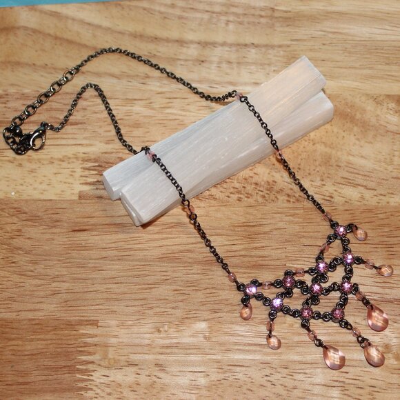 Vintage Pink Rhinestone & Beaded Dangle Bib Necklace - Picture 1 of 4